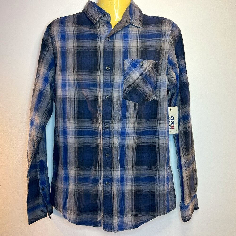 VINTAGE RED Men's Blue/Grey Plaid Casual Button Up Shirt - Size Small - NWT